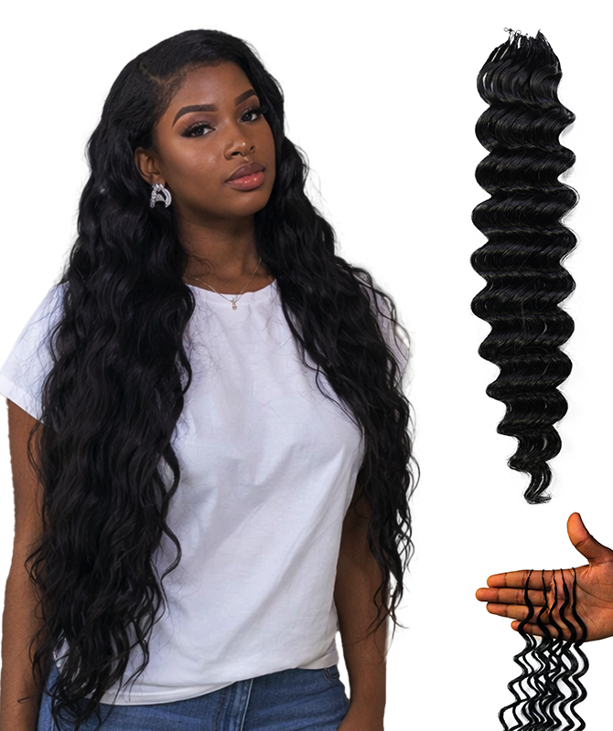 LUXLUXE Deep Wave Real Human Crochet Hair Extensions - Natural & Natural Black 18 & 16 & 14 Inch 50g Knotless Pre Separated Feather Wavy Hairpiece for Women