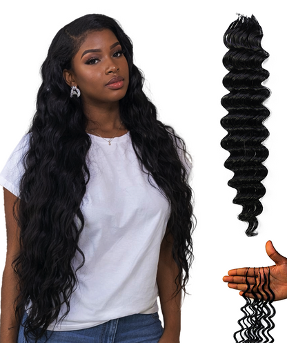 LUXLUXE Deep Wave Real Human Crochet Hair Extensions - Natural & Natural Black 18 & 16 & 14 Inch 50g Knotless Pre Separated Feather Wavy Hairpiece for Women