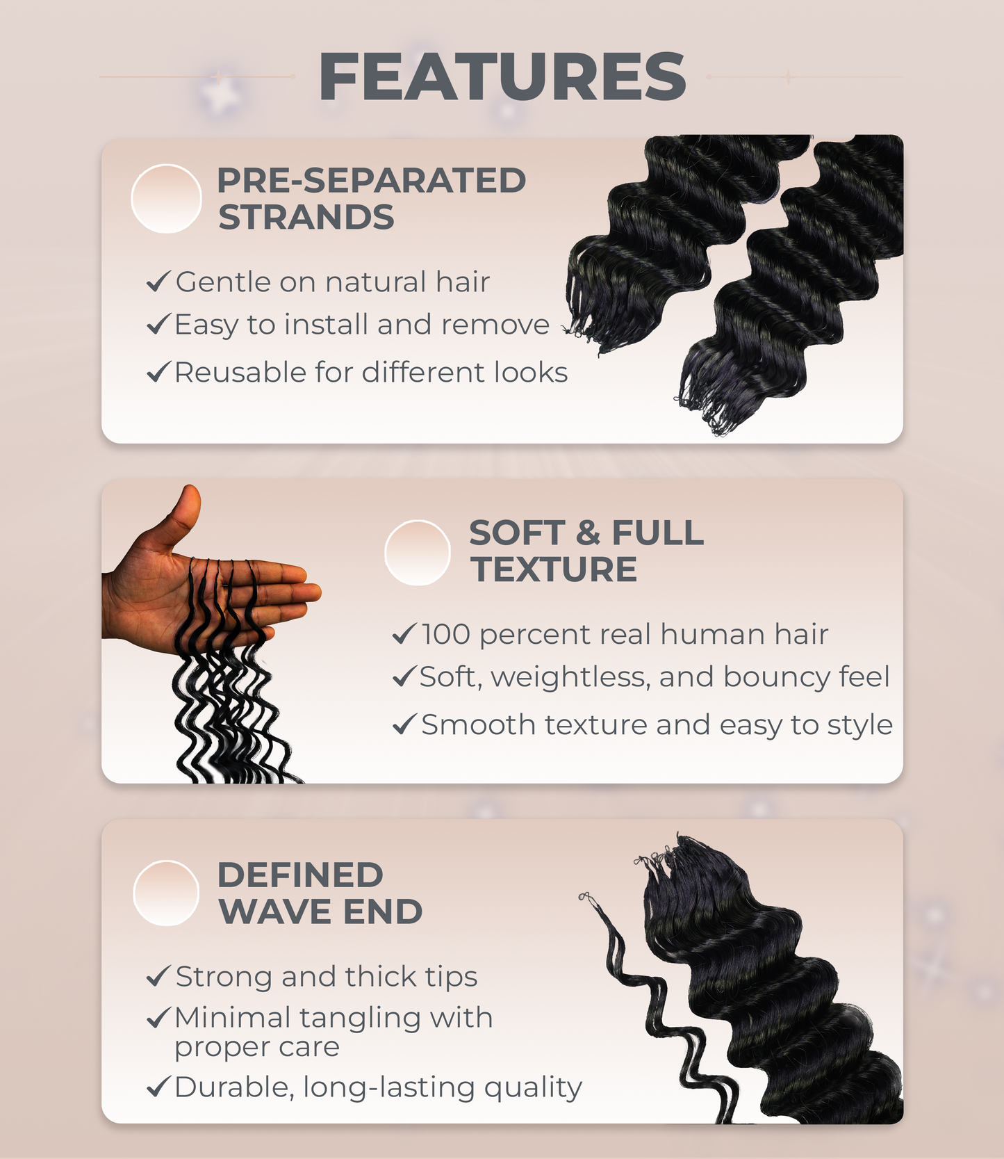LUXLUXE Deep Wave Real Human Crochet Hair Extensions - Natural & Natural Black 18 & 16 & 14 Inch 50g Knotless Pre Separated Feather Wavy Hairpiece for Women