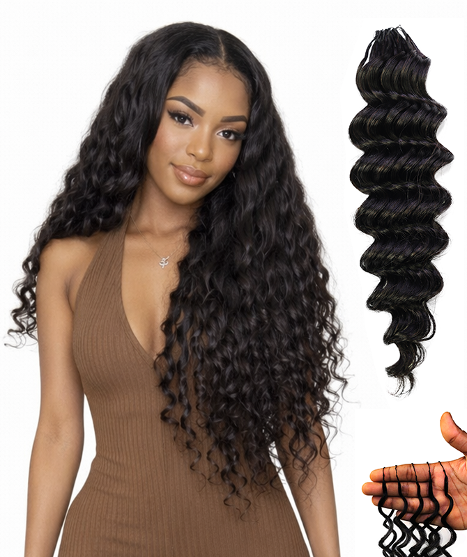 LUXLUXE Deep Wave Real Human Crochet Hair Extensions - Natural & Natural Black 18 & 16 & 14 Inch 50g Knotless Pre Separated Feather Wavy Hairpiece for Women