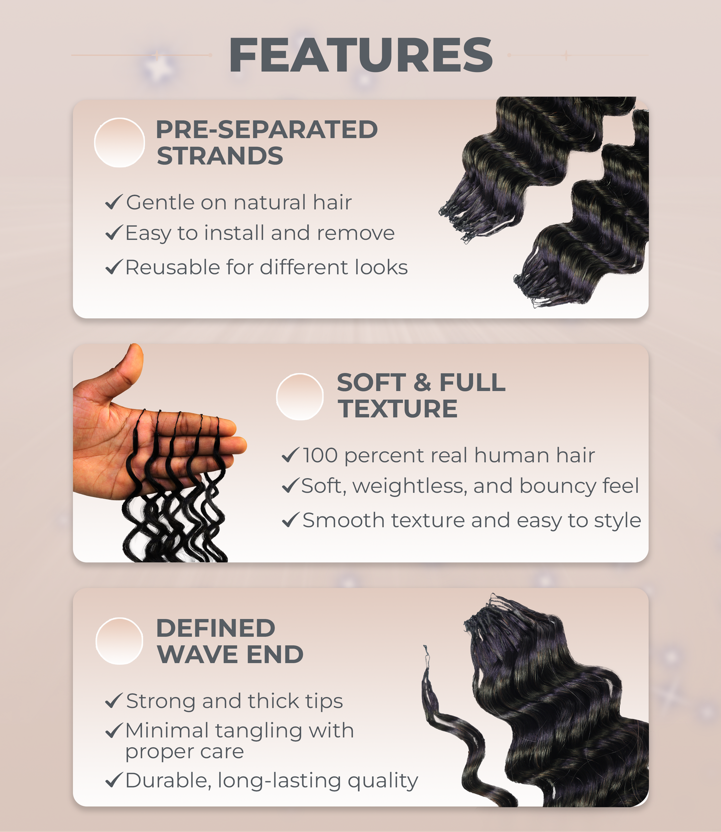 LUXLUXE Deep Wave Real Human Crochet Hair Extensions - Natural & Natural Black 18 & 16 & 14 Inch 50g Knotless Pre Separated Feather Wavy Hairpiece for Women