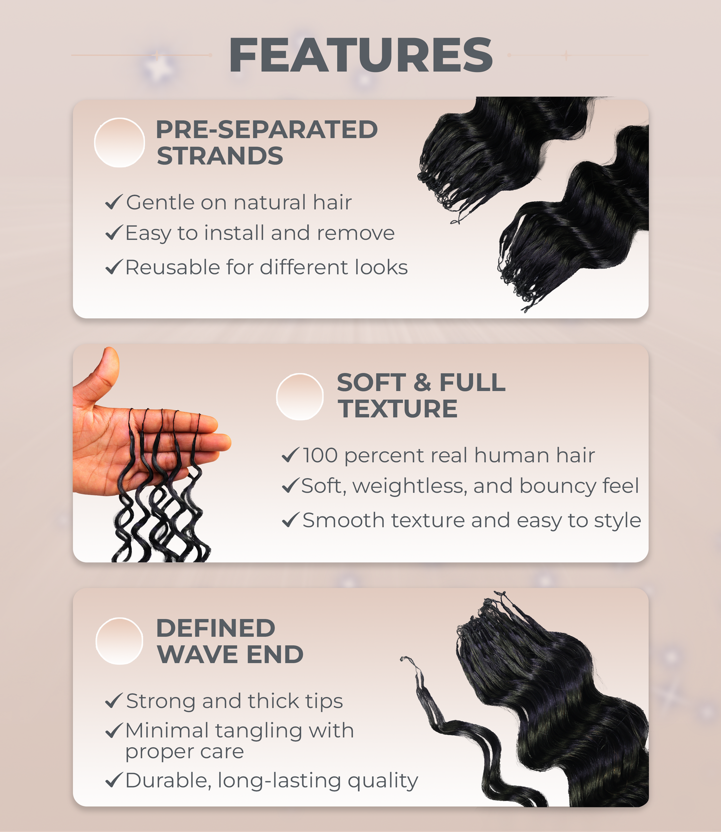 LUXLUXE Deep Wave Real Human Crochet Hair Extensions - Natural & Natural Black 18 & 16 & 14 Inch 50g Knotless Pre Separated Feather Wavy Hairpiece for Women