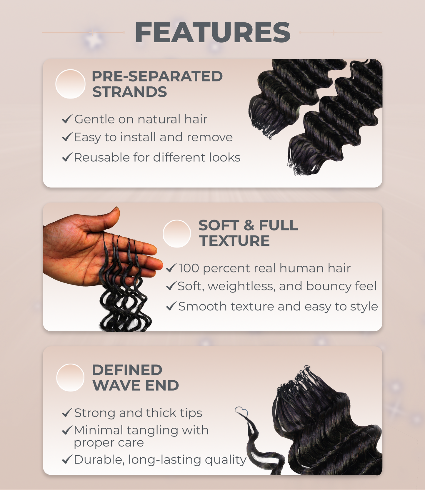 LUXLUXE Deep Wave Real Human Crochet Hair Extensions - Natural & Natural Black 18 & 16 & 14 Inch 50g Knotless Pre Separated Feather Wavy Hairpiece for Women