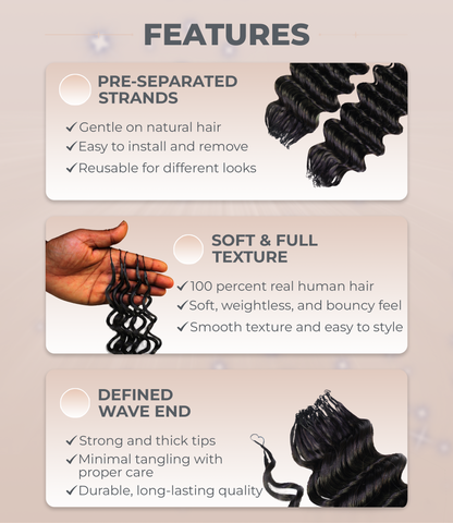 LUXLUXE Deep Wave Real Human Crochet Hair Extensions - Natural & Natural Black 18 & 16 & 14 Inch 50g Knotless Pre Separated Feather Wavy Hairpiece for Women