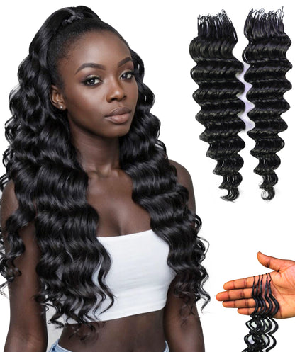 LUXLUXE Deep Wave Real Human Crochet Hair Extensions - Natural & Natural Black 18 & 16 & 14 Inch 50g Knotless Pre Separated Feather Wavy Hairpiece for Women