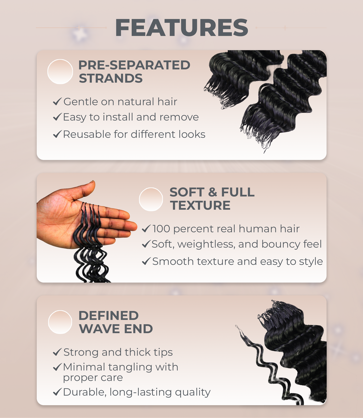 LUXLUXE Deep Wave Real Human Crochet Hair Extensions - Natural & Natural Black 18 & 16 & 14 Inch 50g Knotless Pre Separated Feather Wavy Hairpiece for Women