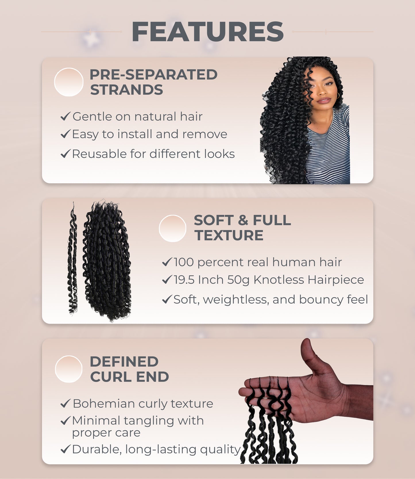 LUXLUXE Knotless Pixie Curly Raw Crochet Natural Human Hair Extensions - 14" 40g 16" 45g & 18" 50g Pre Separated 40 Strands Feather Hairpiece for Women