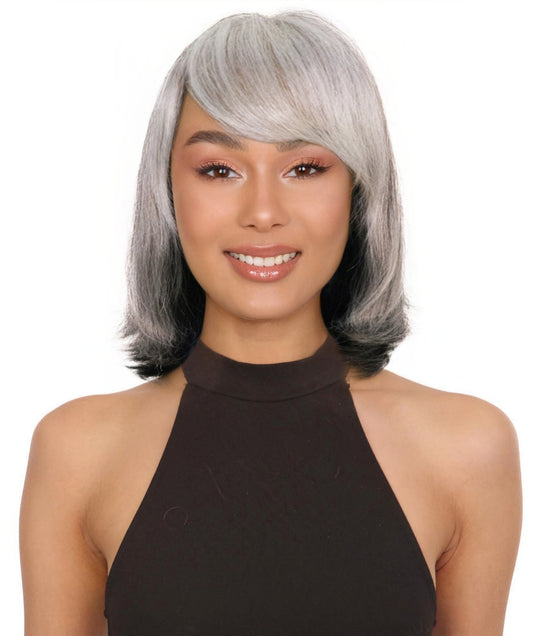 Lynette Sleek Shoulder-Length Elegant Silver Ombre Bob Wig with Bangs