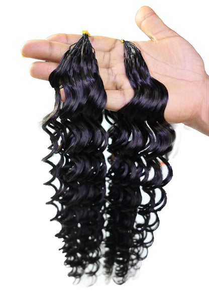 LUXLUXE Deep Wave Real Human Crochet Hair Extensions - Natural & Natural Black 18 & 16 & 14 Inch 50g Knotless Pre Separated Feather Wavy Hairpiece for Women