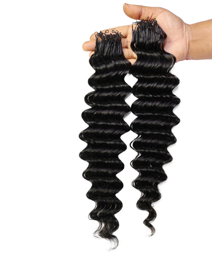 LUXLUXE Deep Wave Real Human Crochet Hair Extensions - Natural & Natural Black 18 & 16 & 14 Inch 50g Knotless Pre Separated Feather Wavy Hairpiece for Women