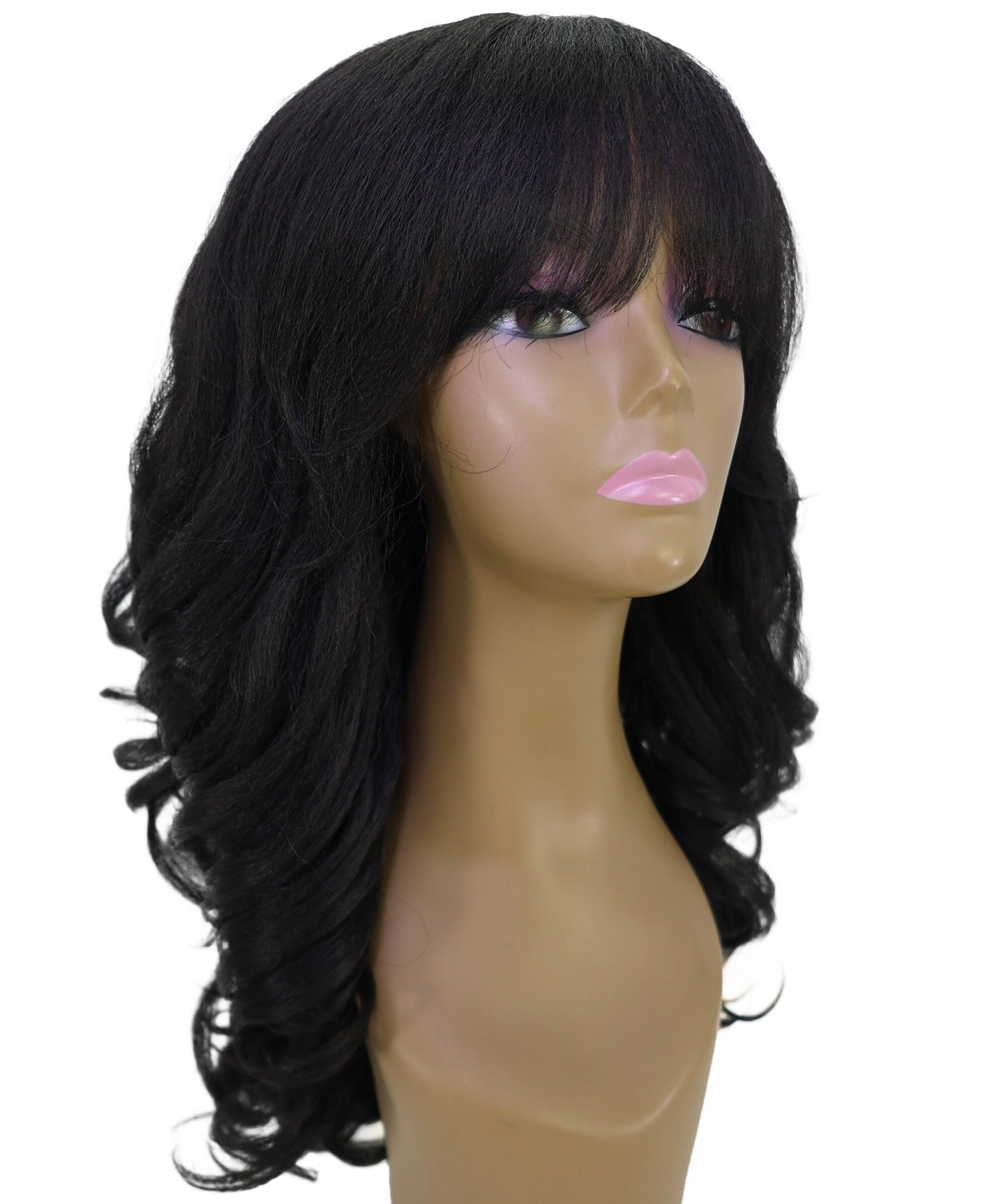 LUXLUXE Long Wavy Wig with Bangs – Women's Curly Full Hairpiece Heat Resistant Synthetic Fiber