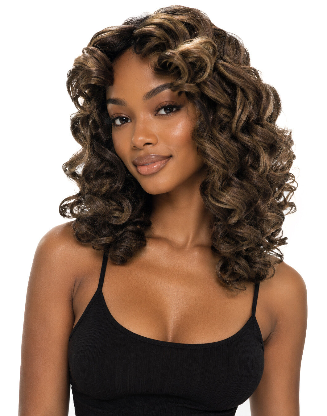 LUXLUXE 14" Long Curly Mocha Balayage Full Wig – Women 240g Voluminous Curl Hair Style Heat Resistant Synthetic Fiber