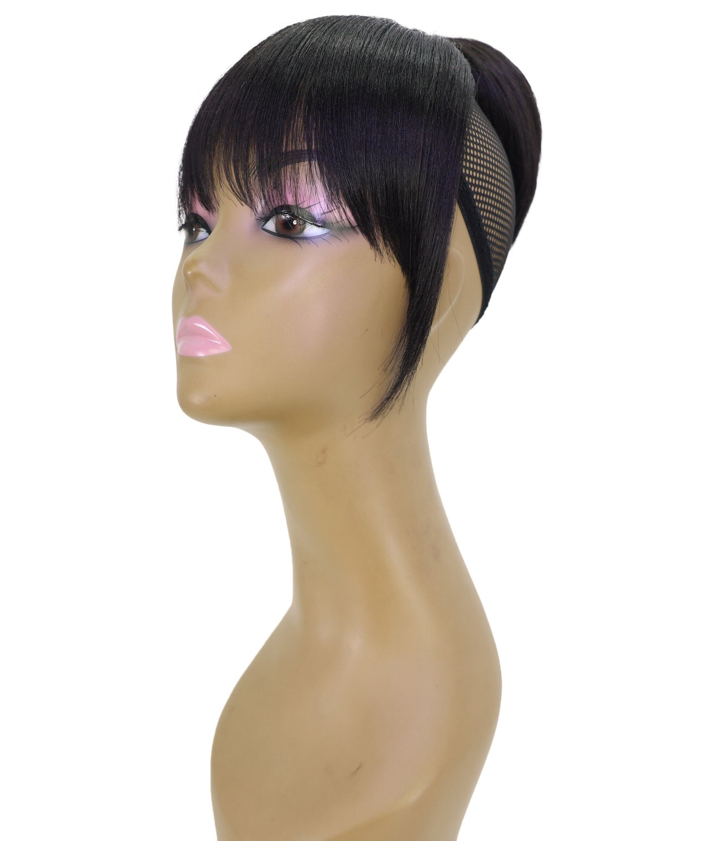 LUXLUXE Bun Hair Extension with Bang – 8 Inch Black Straight Updo Hairstyle with Natural Looking Bangs