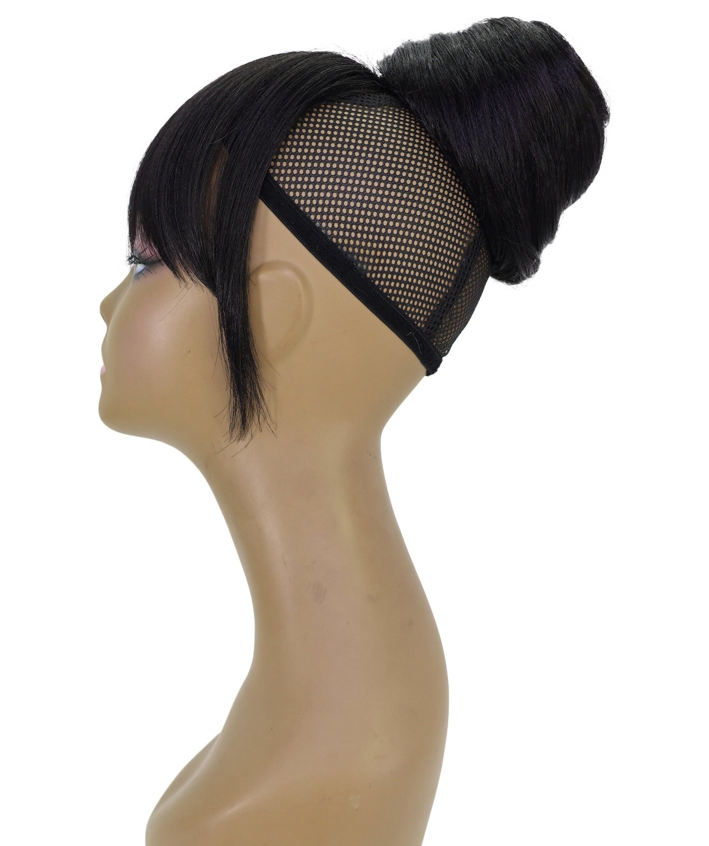 LUXLUXE Bun Hair Extension with Bang – 8 Inch Black Straight Updo Hairstyle with Natural Looking Bangs