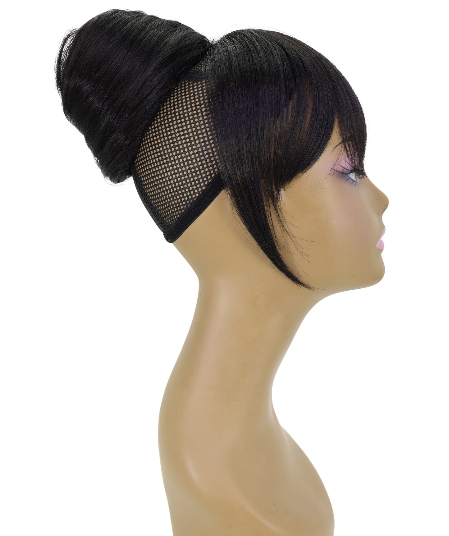 LUXLUXE Bun Hair Extension with Bang – 8 Inch Black Straight Updo Hairstyle with Natural Looking Bangs