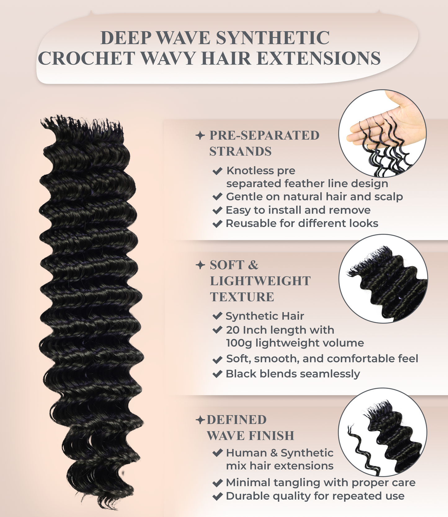LUXLUXE Deep Wave Wavy Feather Crochet Hair Extensions Human & Synthetic Mix - 20 Inch pre separated 100g Hairpiece
