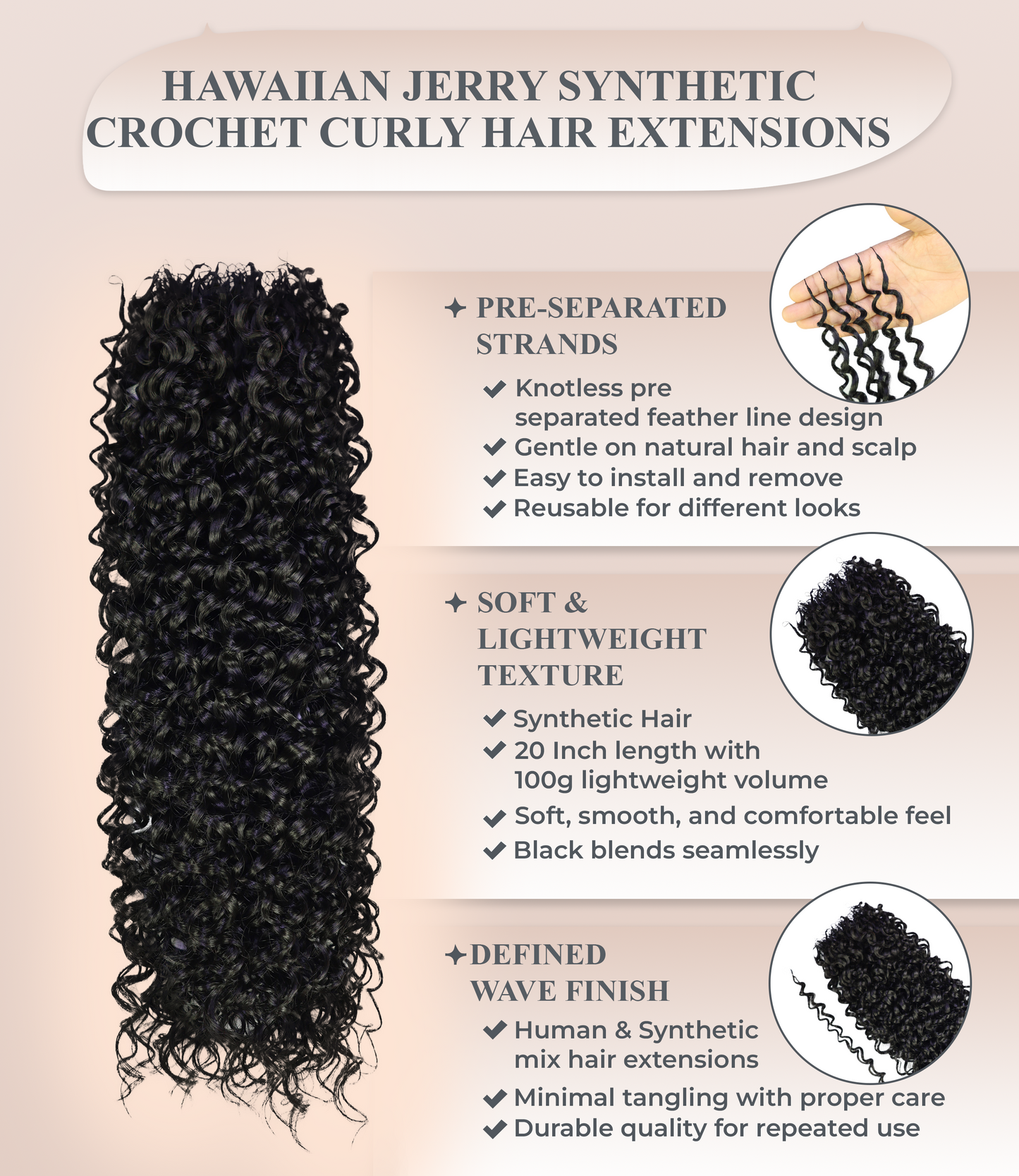 LUXLUXE Hawaiian Jerry Deep Wave Feather Crochet Human & Synthetic Hair Mix Extensions - 20" Curly Braided 100g Hairpiece